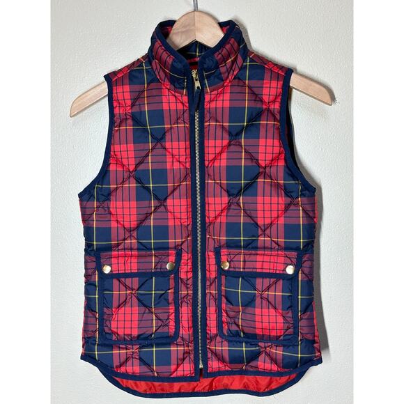 J.Crew Women’s Quilted Puffer Vest Red Navy Plaid Down Fill Size PXXS Petite XXS - Picture 1 of 7
